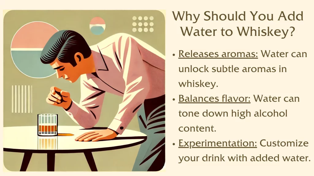 Illustration of a man leaning over a table, examining a glass of whiskey. Text explains benefits of adding water to whiskey: releasing aromas, balancing flavor, and allowing for customization.