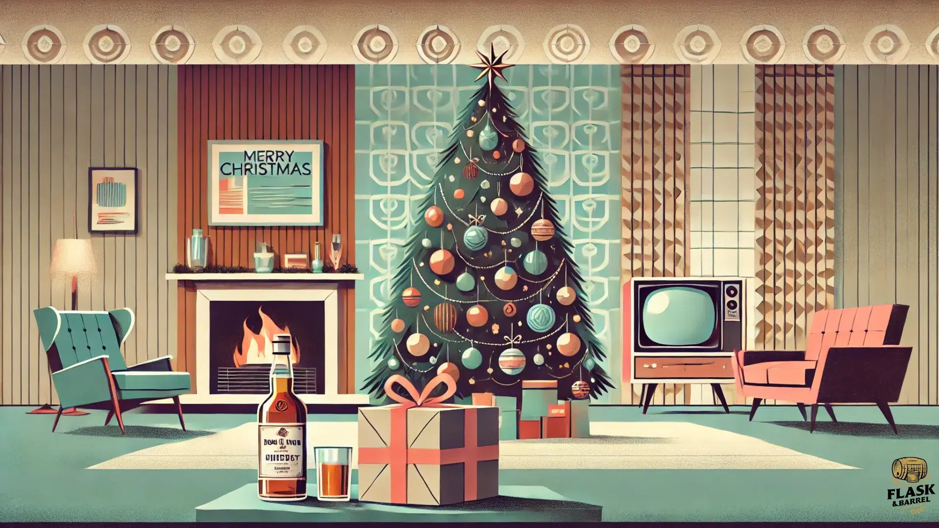 Retro Christmas living room with tree and gifts.